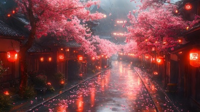 唯美烟雨樱花街道
