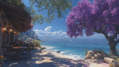 紫花树下的海边咖啡馆