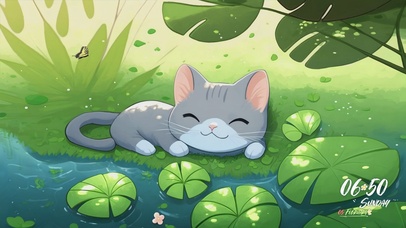 河边绿荫下休憩的猫