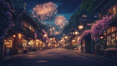 艳丽烟花绽放的古镇夜景