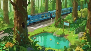 唯美治愈绿茵池塘小列车