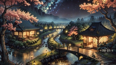 唯美古风夜晚廊桥流水小屋