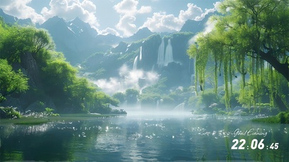 4K湖光山色蓝天白云绿树瀑布