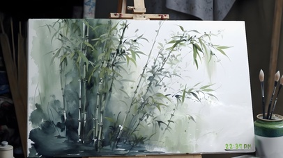 治愈水墨画 雨中绿竹