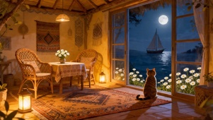 夜晚望着窗外的猫咪