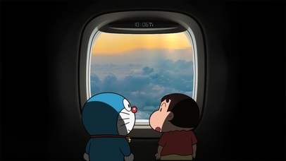 坐飞机欣赏晚霞的小新和蓝胖子