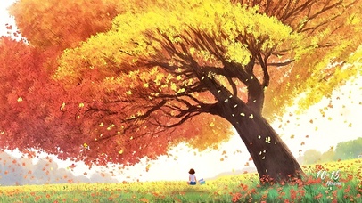 古枫树下看书的少女