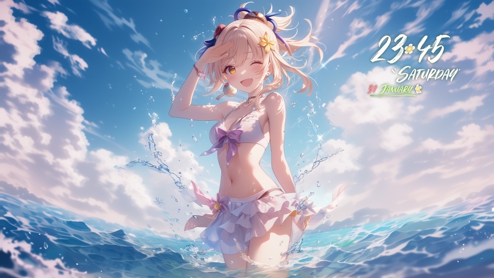 身着浅紫色蝴蝶结比基尼裙边泳装的金发宵宫站在澄澈浅海水中，背景是飘着白云的晴朗蓝天，海浪轻拍海面。