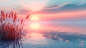 唯美晚霞海边芦苇