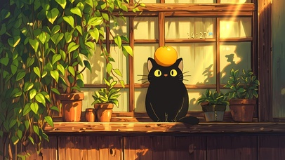 窗台小黑猫	