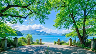 护眼树荫下湖泊风景