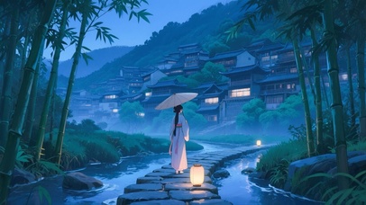 夜雨中的汉服少女