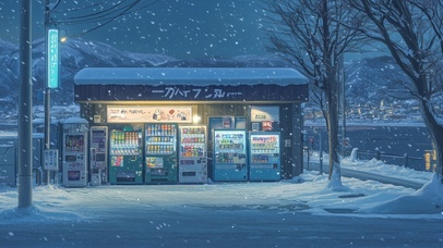 夜晚雪中自动贩卖机