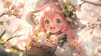 4K阳光桃林中带萌兔踏青的萝莉