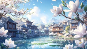 百花盛开的古镇池塘