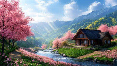 山上流水樱花房屋