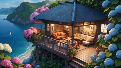 傍晚海边绣球花小屋