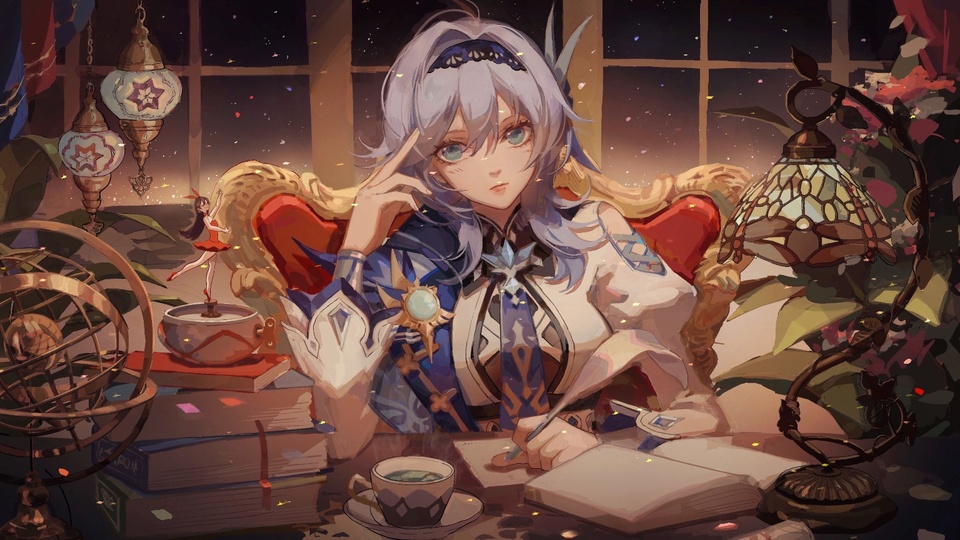 深夜书房内，原神角色优菈身着蓝白蕾丝边服饰，坐在雕花红绒座椅上执笔书写，周围散落旧书，旁置复古台灯与地球仪，窗外是缀着星光的紫蓝色夜空。