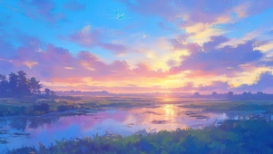 落日草原溪流