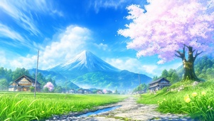 雪山下的樱花村庄
