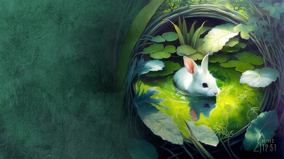 草地小水洼喝水的兔子