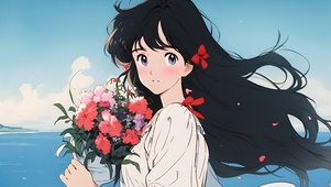 经典海边捧花少女