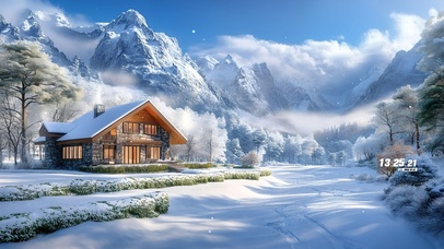 护眼冬日山下小屋