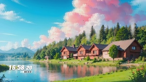 房屋树木河流景色