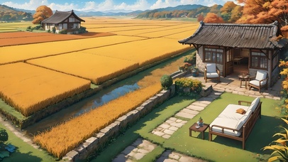 金色稻田中的小屋