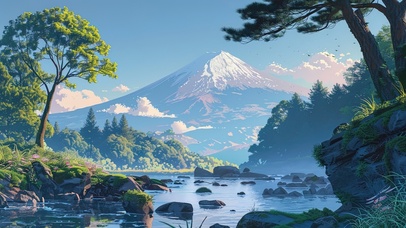 森林溪流远眺富士山