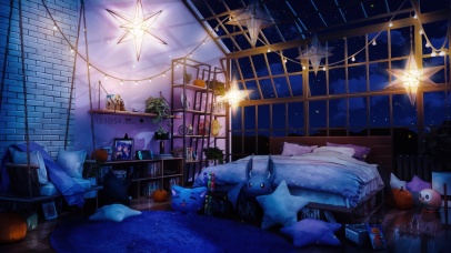 4K唯美治愈动漫房间夜景