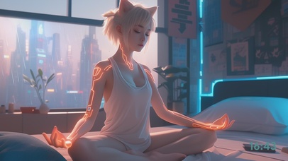 雨天窗户边科幻机甲瑜伽猫儿少女