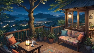 夜晚山顶小屋阳台