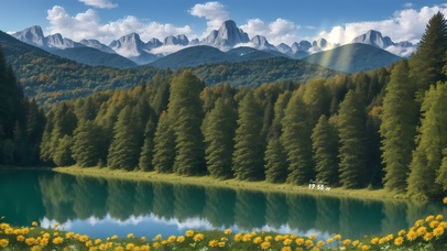 森林晴湖映雪峰