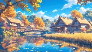 秋季乡村湖畔小屋