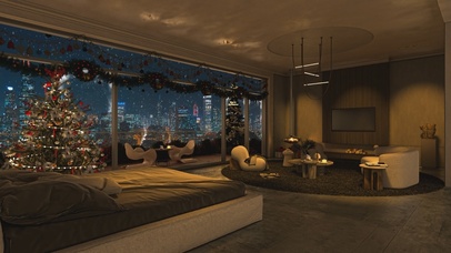 唯美治愈城市圣诞雪夜房间