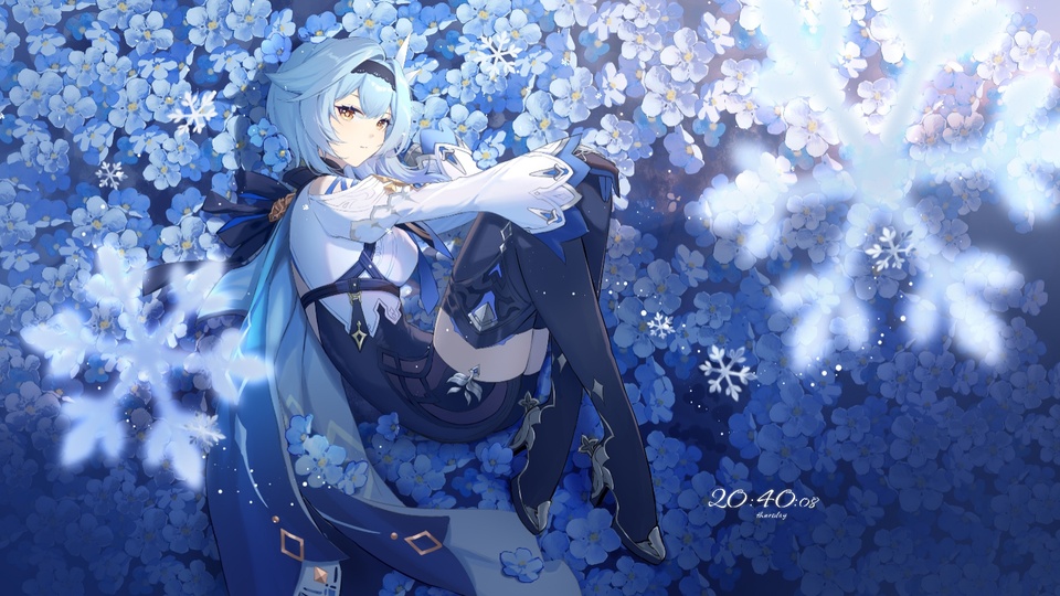 原神角色优菈站在铺满浅蓝色小花的花田中，身着蓝白黑骑士风服饰，背景散布发光雪花与星点光斑。