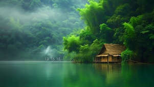绿色竹林湖泊