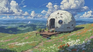 山间草地上的复古球形小屋