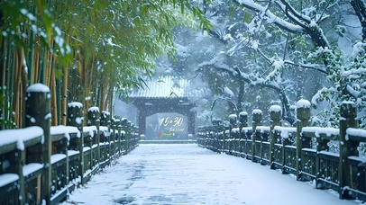 雪景石桥竹林