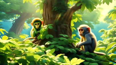 绿色小清新森林里的野生动物猴子