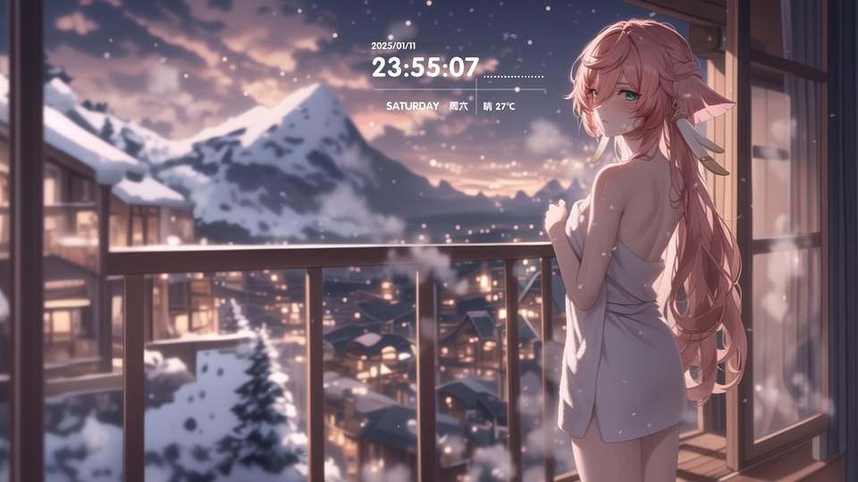 暖调二次元插画，粉发少女裹浴衣站在飘雪的阳台，背景为亮着暖灯的雪中山城。