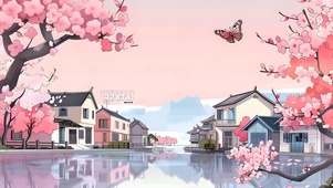4K樱花云彩湖水