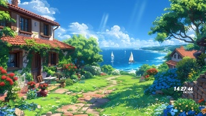 春天海边古镇