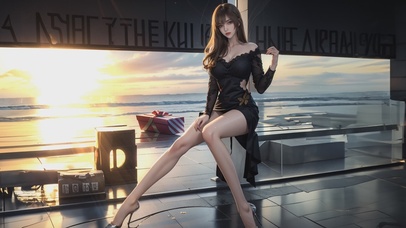 海边晚霞清秀美女