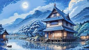 月夜河边村落