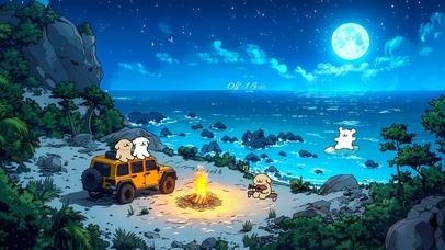 线条小狗仲夏海滩夜