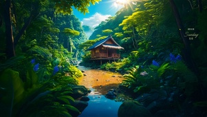 峡谷溪流木屋