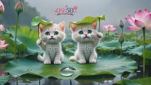 荷花池雨中可爱情侣猫咪