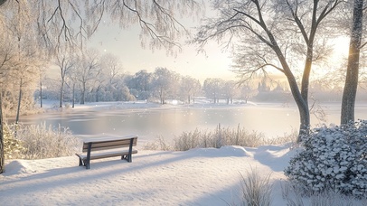 雪中的湖边小椅